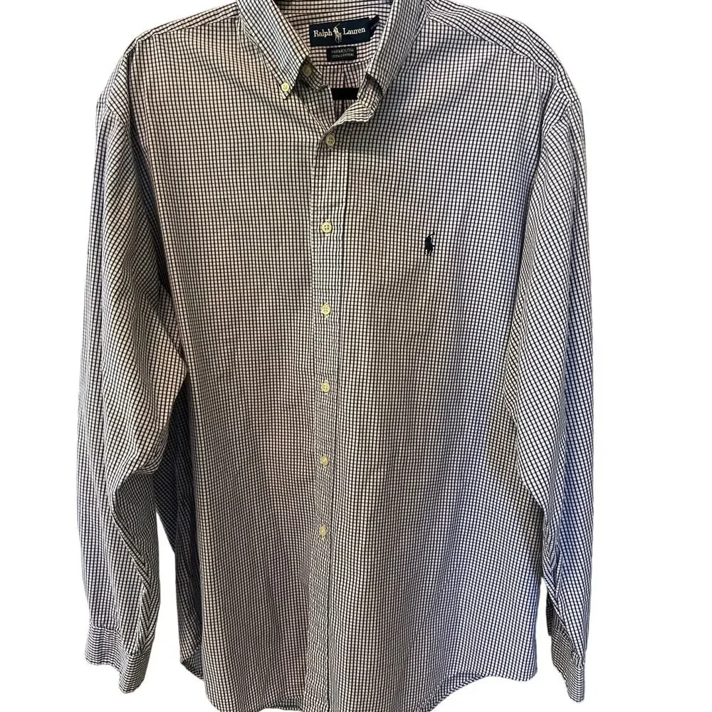 Ralph Lauren Long Sleeve Button Down Shirt Men's Size 17 Blue White Checked